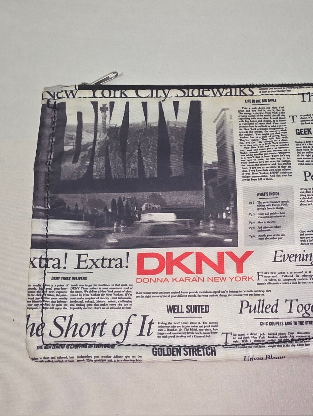Vintage DKNY Black & White Newspaper Print Toiletry Pouch with Red Logo